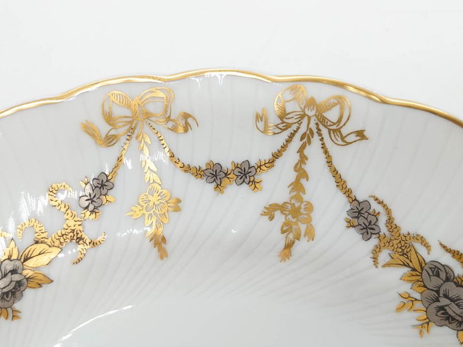 フランス　BERNARDAUD(ベルナルド)　LIMOGES(リモージュ)　マリー・テレーズ　細かな花のガーランドが装飾された優雅なプレート4枚セット(MARIE THERESE、リボン、花、フラワー、金彩、中皿、磁器、洋食器)(R-078638)
