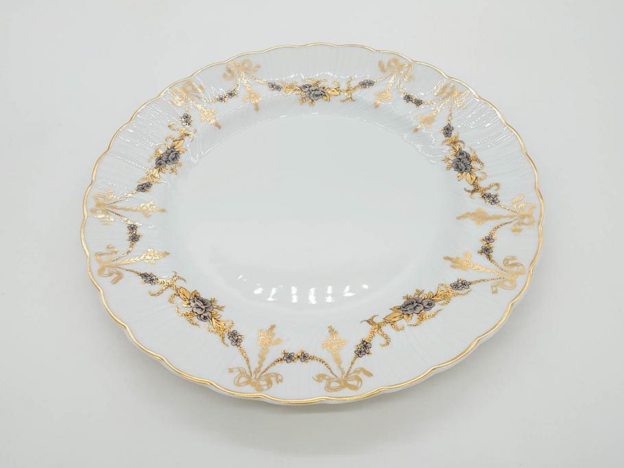 フランス　BERNARDAUD(ベルナルド)　LIMOGES(リモージュ)　マリー・テレーズ　細かな花のガーランドが装飾された優雅なプレート4枚セット(MARIE THERESE、リボン、花、フラワー、金彩、中皿、磁器、洋食器)(R-078638)