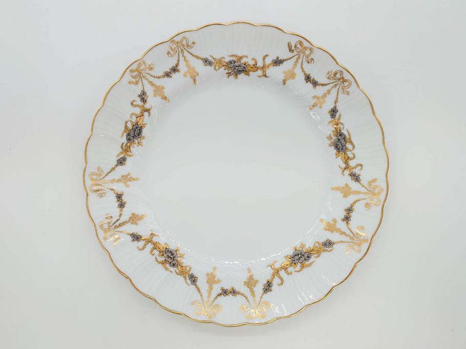 フランス　BERNARDAUD(ベルナルド)　LIMOGES(リモージュ)　マリー・テレーズ　細かな花のガーランドが装飾された優雅なプレート4枚セット(MARIE THERESE、リボン、花、フラワー、金彩、中皿、磁器、洋食器)(R-078638)