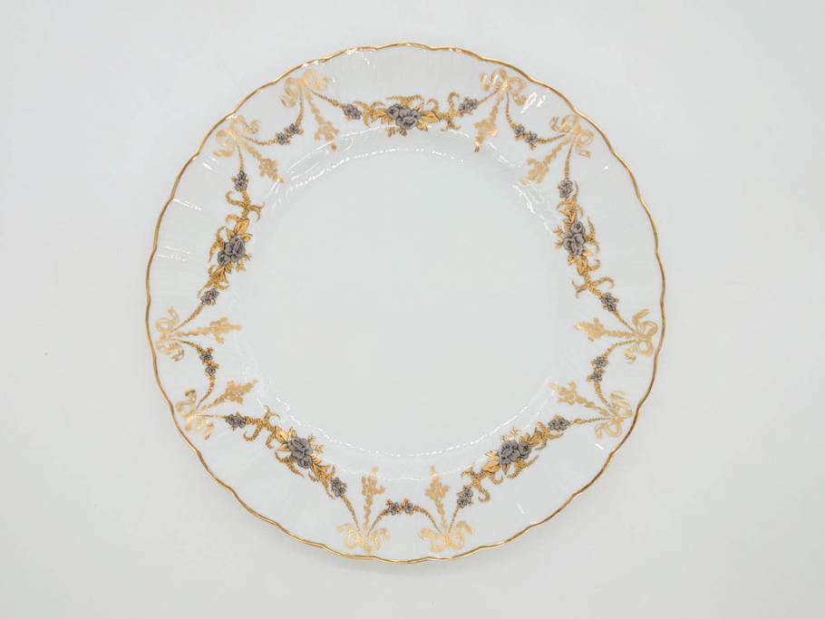 フランス　BERNARDAUD(ベルナルド)　LIMOGES(リモージュ)　マリー・テレーズ　細かな花のガーランドが装飾された優雅なプレート4枚セット(MARIE THERESE、リボン、花、フラワー、金彩、中皿、磁器、洋食器)(R-078638)