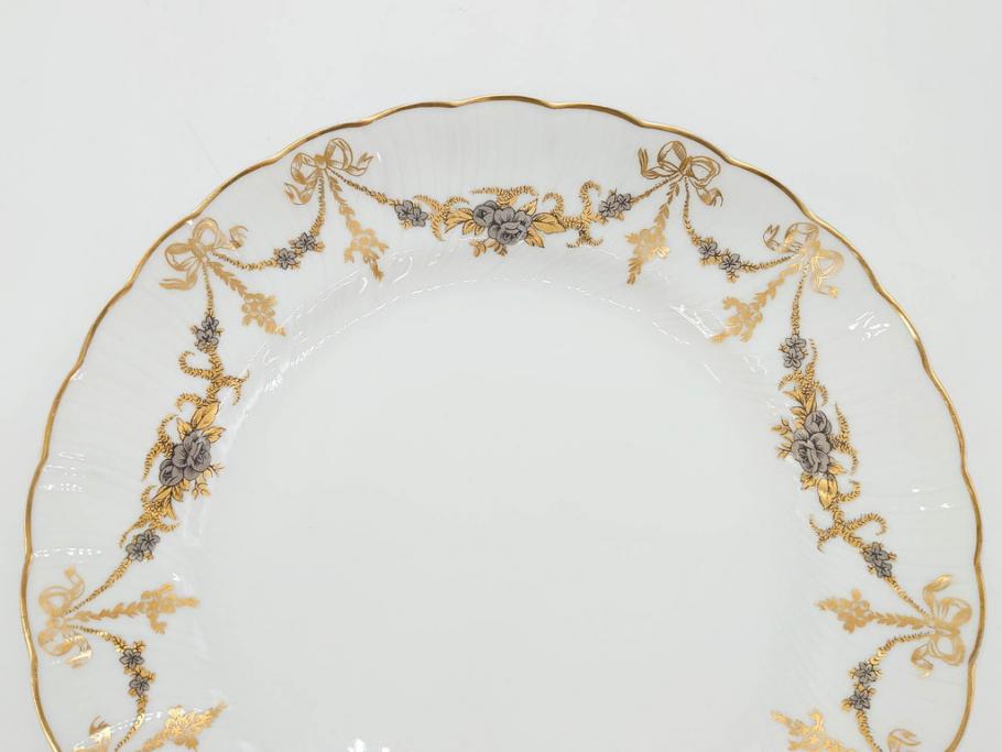 フランス　BERNARDAUD(ベルナルド)　LIMOGES(リモージュ)　マリー・テレーズ　細かな花のガーランドが装飾された優雅なプレート4枚セット(MARIE THERESE、リボン、花、フラワー、金彩、中皿、磁器、洋食器)(R-078638)