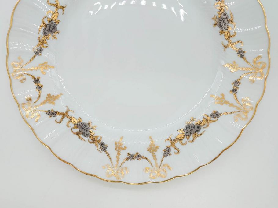 フランス　BERNARDAUD(ベルナルド)　LIMOGES(リモージュ)　マリー・テレーズ　細かな花のガーランドが装飾された優雅なプレート4枚セット(MARIE THERESE、リボン、花、フラワー、金彩、中皿、磁器、洋食器)(R-078638)