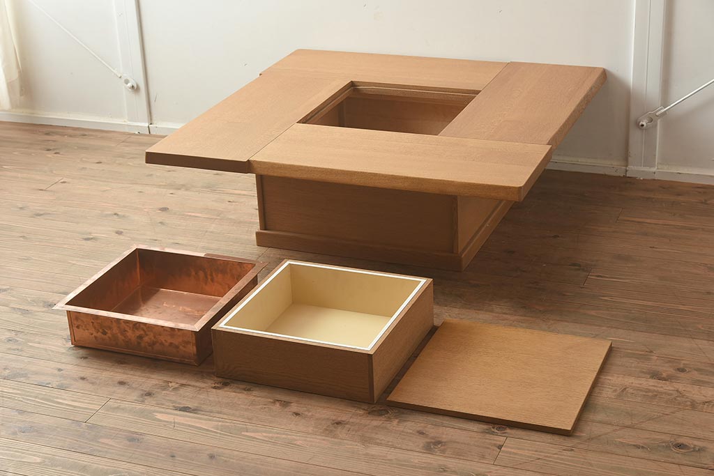 在庫未使用品　IDC大塚家具　藤沢木工　ナラ材 無垢はぎ　いろり(囲炉裏、座卓、火鉢)(定価約23万5千円)(R-041748)