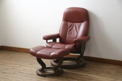 中古　ノルウェー製　EKORNES(エコーネス)　Sサイズ　コンサルシリーズ　クラシック　本革(レザー)　高級感漂う佇まいが魅力のオットマン付きストレスレスチェア(リクライニングチェア、一人掛けソファ、アームチェア、フットスツール、北欧)(R-066605)