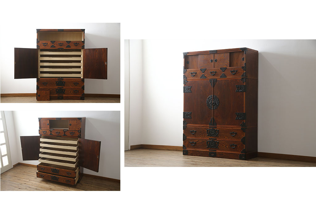 中古　美品　岩谷堂箪笥(菊幸)　欅(ケヤキ)材　漆塗り　存在感のある金具と迫力のある杢目が目を惹く整理箪笥(チェスト、衣装タンス、引き出し、着物箪笥、和たんす)(R-064906)