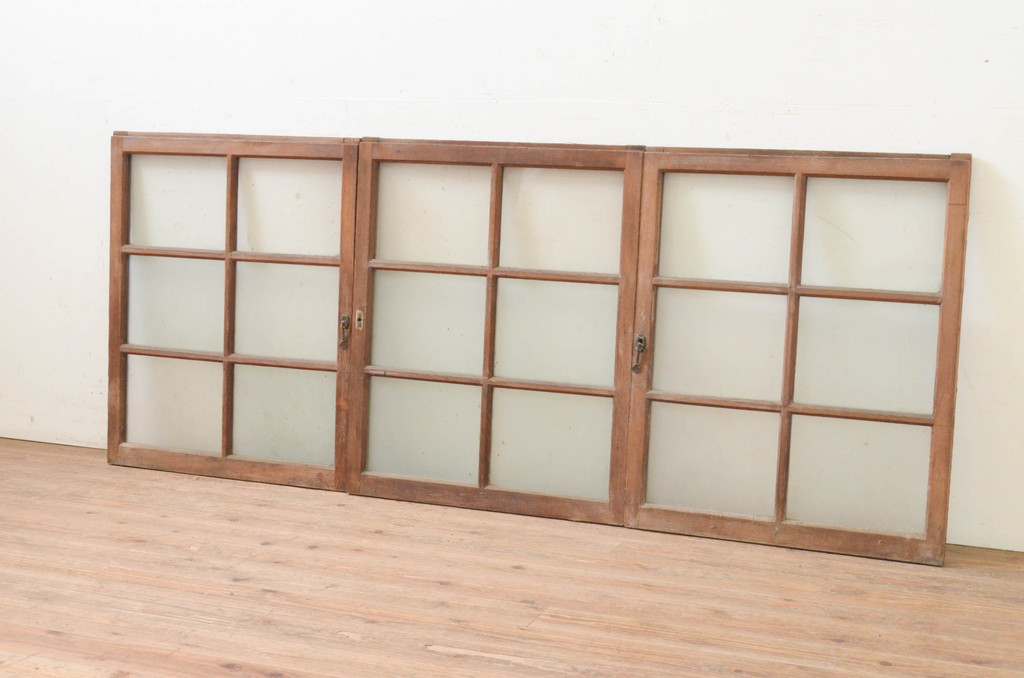 アンティーク建具　古い木味が魅力的なガラス窓3枚セット(引き戸、ガラス戸)(R-071236)
