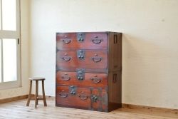 アンティーク家具　☆古民具　骨董　前面欅!古い欅材の二段重ね二本松箪笥