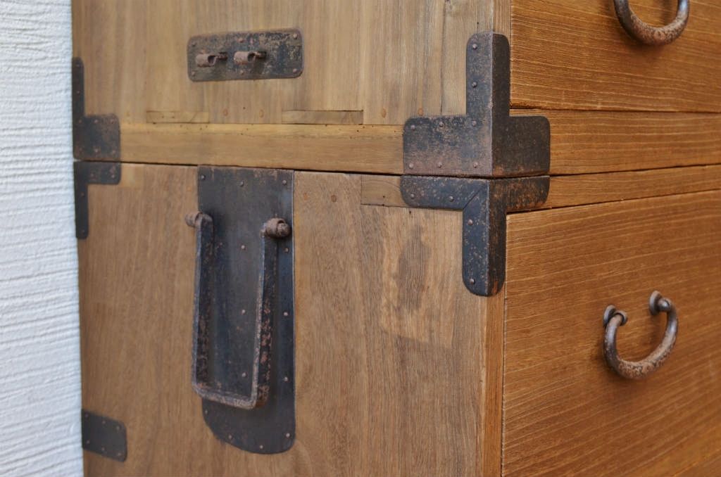 ☆美品!古い木味の二段重ね五丁引き時代箪笥