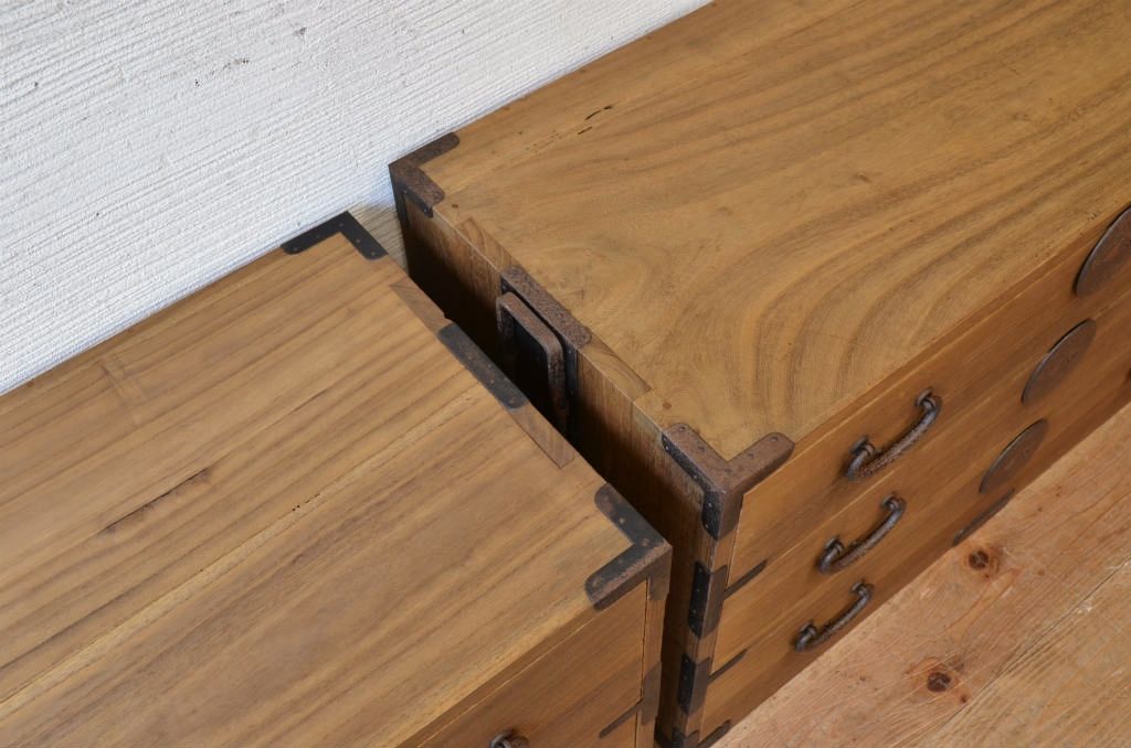 ☆美品!古い木味の二段重ね五丁引き時代箪笥