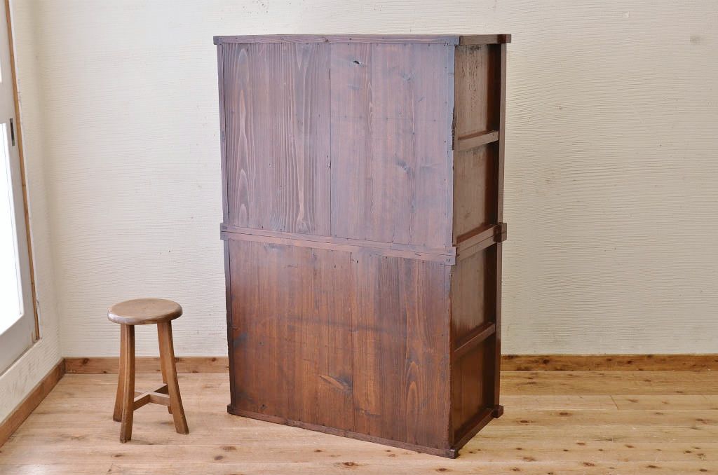 アンティーク家具　☆前面欅!モールガラス二段重ね食器棚(収納棚)