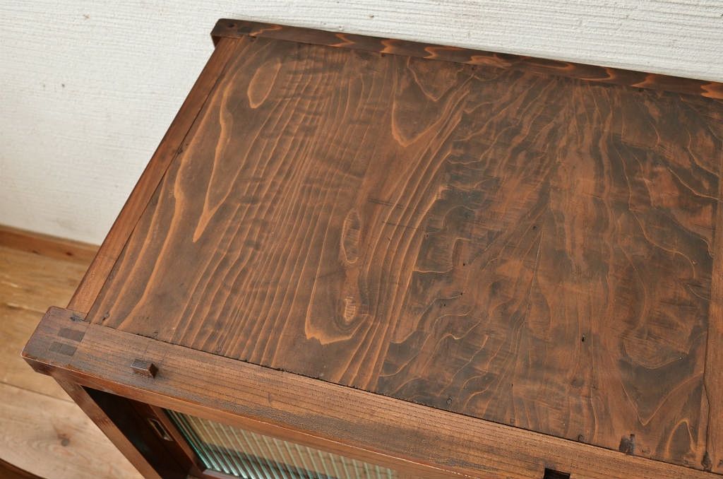 アンティーク家具　☆前面欅!モールガラス二段重ね食器棚(収納棚)