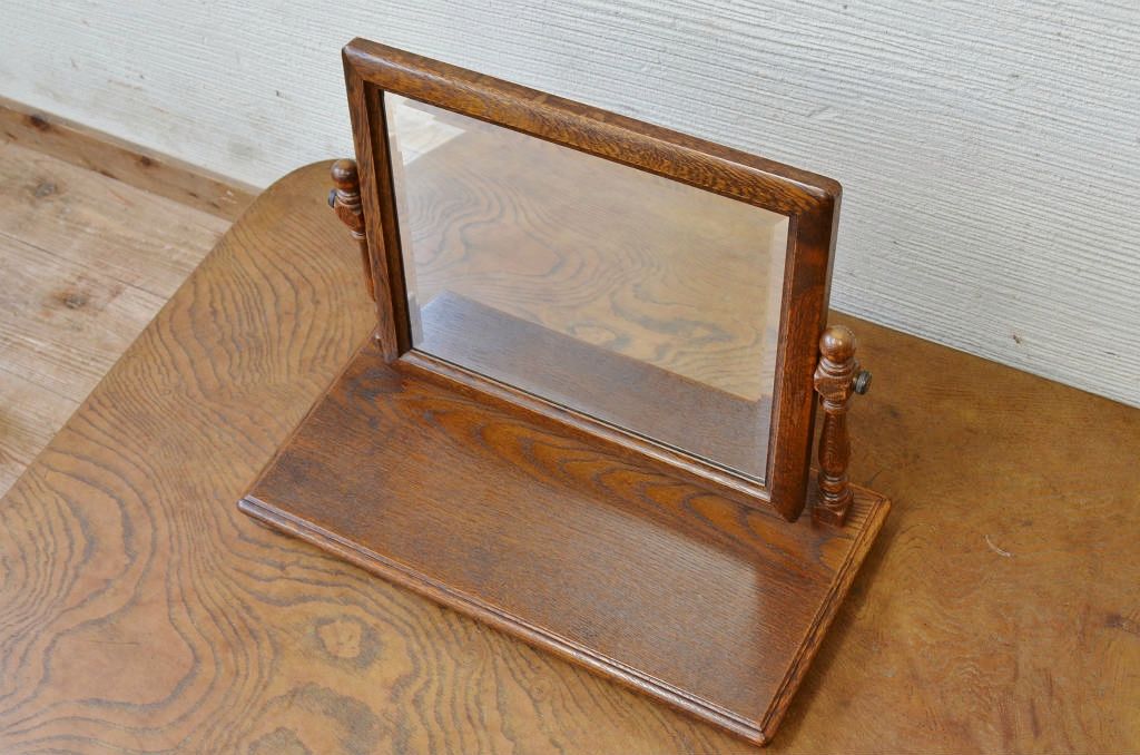 中古　メーカー不明　上質なオーク材の卓上鏡