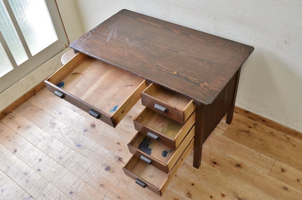 アンティーク家具　★使い込まれたアンティーク片袖机(作業台)