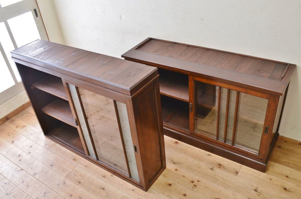 アンティーク家具　◇古いナラ材の上質な結霜ガラスアンティーク食器棚(収納棚)