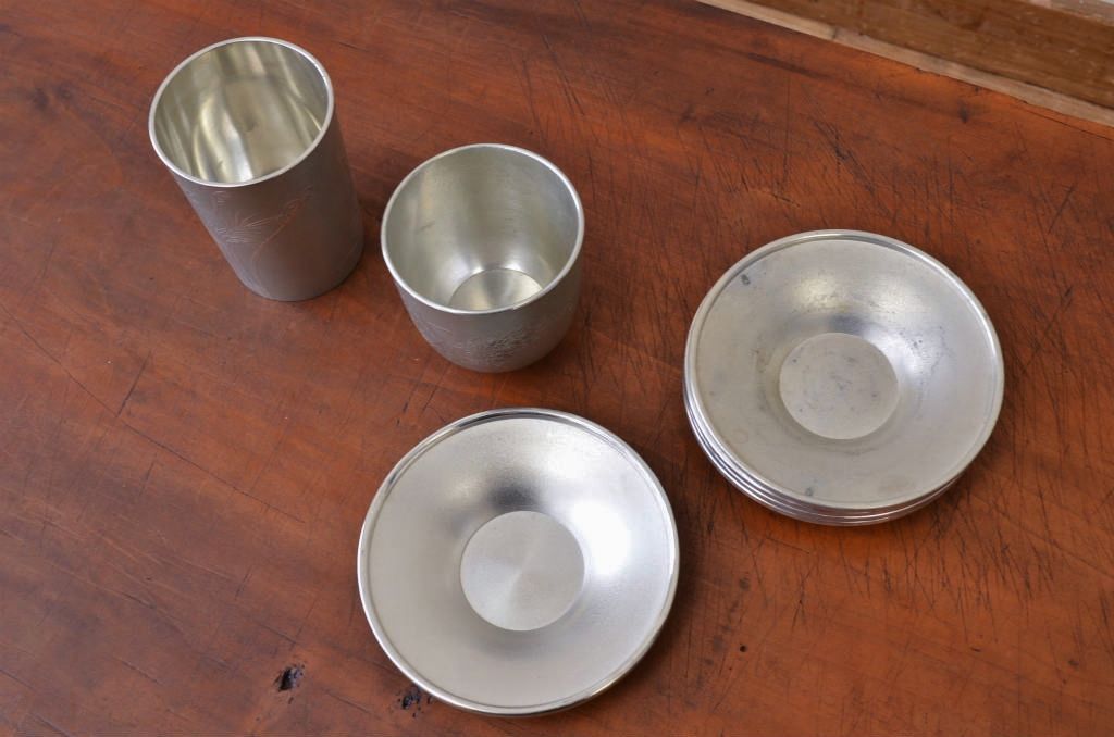 アンティーク家具　○大正昭和初期　錦製品3点セット　高山錫器　茶托