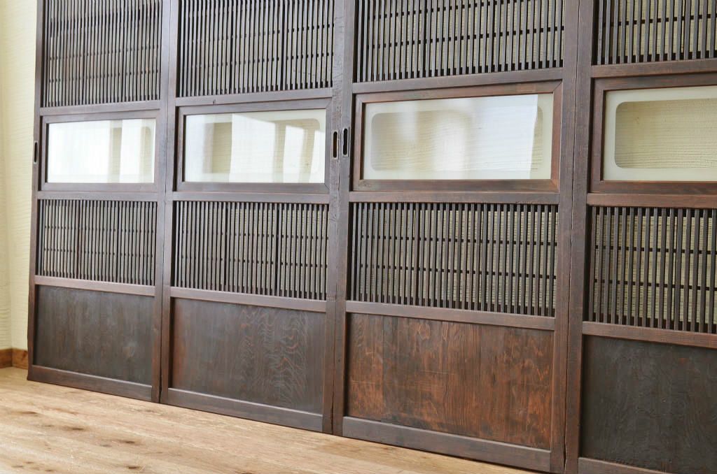 古民具　骨董　ガラス格子戸裏障子付き4枚セット