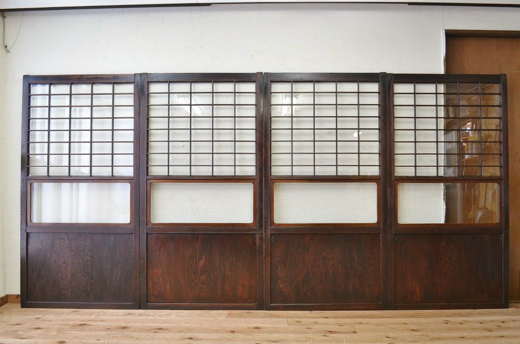 古民具　骨董　ガラス格子戸4枚セット(帯戸、障子戸、ガラス帯戸)