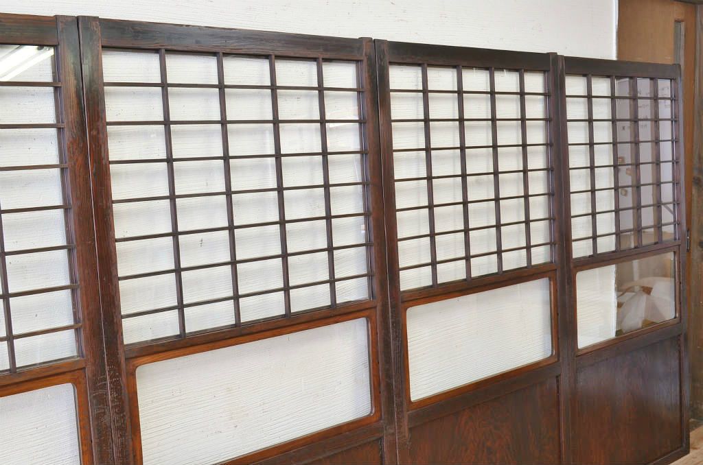古民具　骨董　ガラス格子戸4枚セット(帯戸、障子戸、ガラス帯戸)