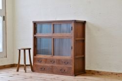 アンティーク家具　前面欅!モールガラスアンティーク収納棚(食器棚)