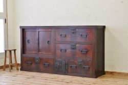アンティーク家具　古民具　骨董　前面欅!味のある大帳場箪笥(水屋箪笥)