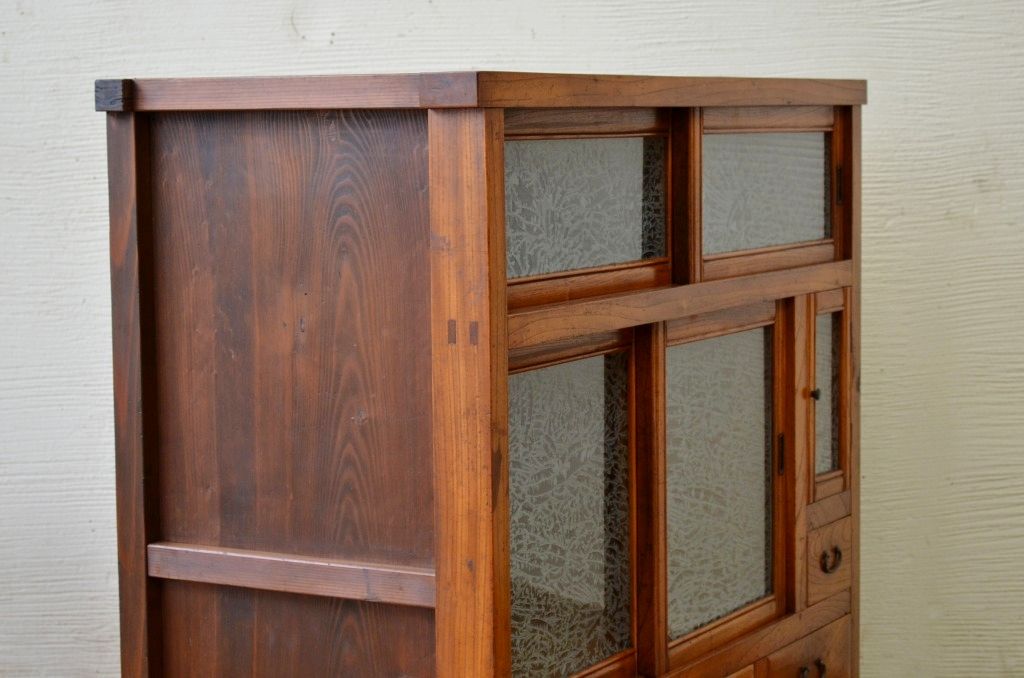 アンティーク家具　前面欅!上質な結霜ガラス収納棚(食器棚)