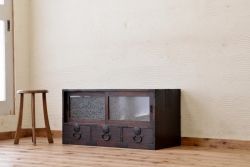 アンティーク家具　古民具　骨董　引き出し付き結霜ガラスローボード