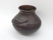時代物　古銅　斑紫銅　盛上　双鯉文　優雅に泳ぐ鯉の装飾が印象的な花瓶(高岡銅器?、花器、花生、花入、壷、壺、在銘、作家物)(R-077928)