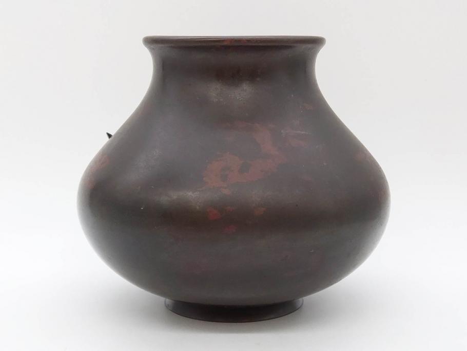 時代物　古銅　斑紫銅　盛上　双鯉文　優雅に泳ぐ鯉の装飾が印象的な花瓶(高岡銅器?、花器、花生、花入、壷、壺、在銘、作家物)(R-077928)