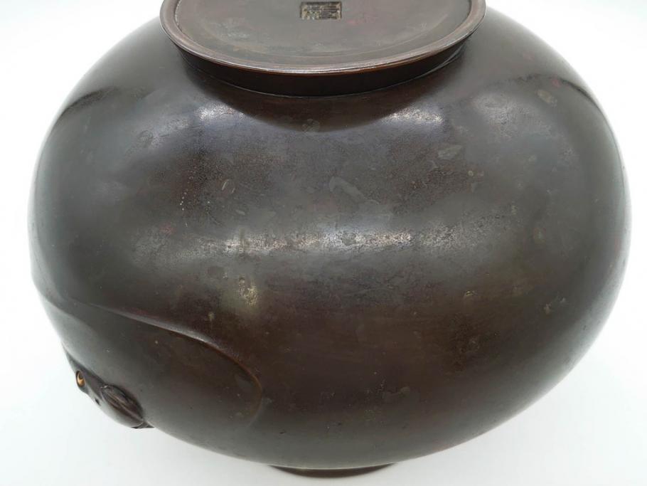 時代物　古銅　斑紫銅　盛上　双鯉文　優雅に泳ぐ鯉の装飾が印象的な花瓶(高岡銅器?、花器、花生、花入、壷、壺、在銘、作家物)(R-077928)