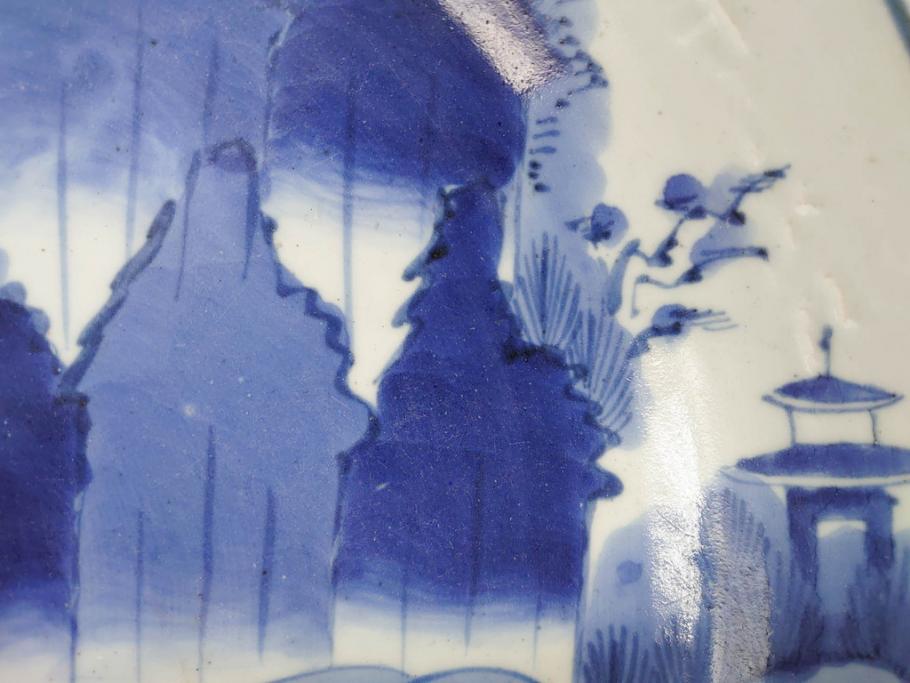 江戸期 大明成化年製 古伊万里 染付 松・山水図 約37cm 1尺2寸