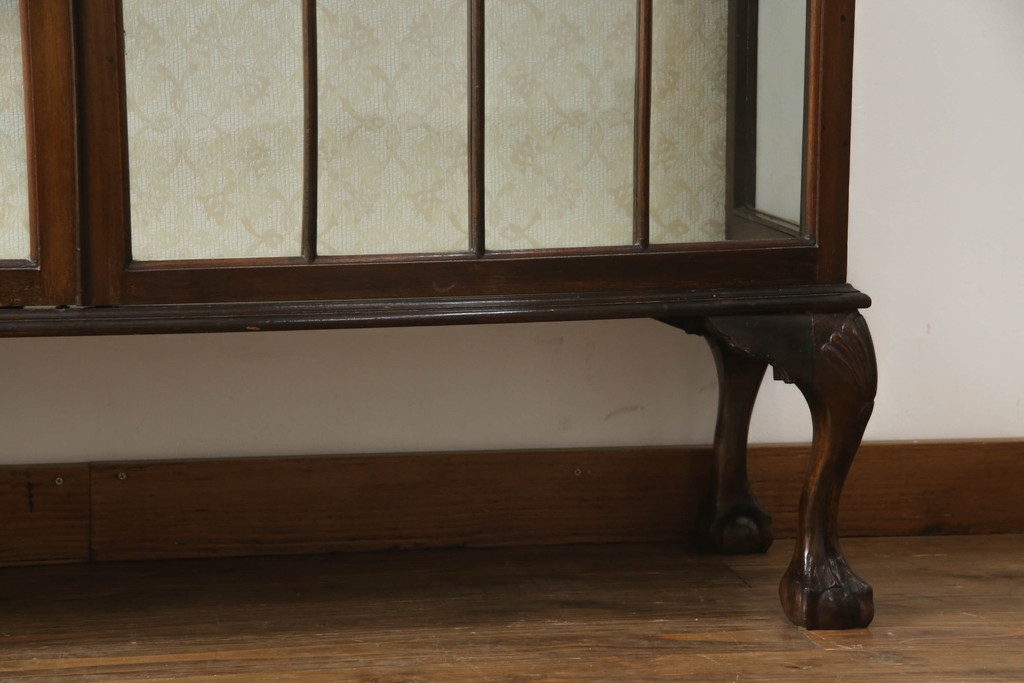 イギリスアンティーク　マホガニー材　格子デザインがお洒落な猫脚キャビネット(ガラスケース、ショーケース、コレクションケース、キュリオケース、収納棚、戸棚、飾り棚、英国)(R-066360)