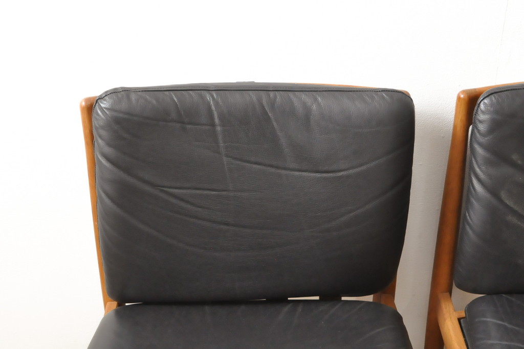 ビンテージ家具　ジャパンヴィンテージ　チーク材　メンズライクスタイルの空間づくりに活躍する本革ダイニングチェア2脚セット(レザー、椅子、イス)(R-058684)