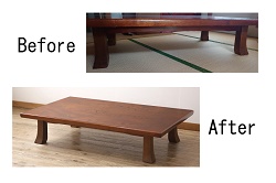 【セミオーダー家具実例】お客様持ち込みの座卓に高品質リペアを施しました。使用に支障のある部分を修繕・調整。脚と天板を取り外しビス止め。収納時に場所をとらない仕様にリメイクしました。(ローテーブル、センターテーブル)