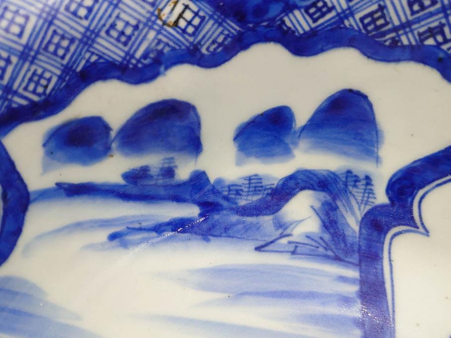 江戸期 古伊万里 染付 山水図 約26cm 8.6寸 器全体に描かれた