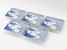 江戸期　大明成化年製　古伊万里　上手物　染付　花唐草　鍋島　約16cm　5.2寸　丁寧に線描で描かれた楼閣山水図が美しい変形皿5枚セット(なます皿、和食器、和皿、角皿、五寸二分)(R-078834)