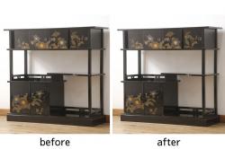 【桐箪笥(桐たんす)リメイク実例】桐箪笥をローボードへリメイクしました。新たに脚を取り付け、引き戸を楕円型に切り抜き麻の葉模様のガラスを取り付け、ヒノキ無垢板にて新たに天板を取り付けました。現状をベースに着色して仕上げました。(テレビ台、テレビボード、収納箪笥、和タンス、引き出し、戸棚、収納棚、キャビネット、リビングボード)