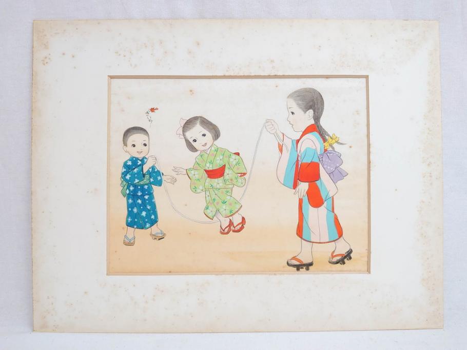 真作　蔦谷喜一　「縄とび」　1983年制作　サイン入り　絵画(人物画、ぬりえ、塗り絵、縄跳び、子供、子ども、額装)(R-076210)