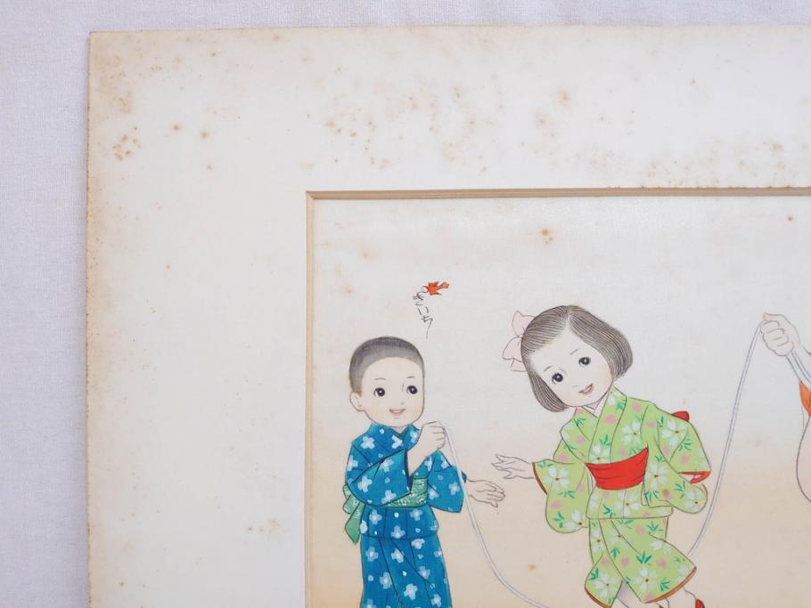真作　蔦谷喜一　「縄とび」　1983年制作　サイン入り　絵画(人物画、ぬりえ、塗り絵、縄跳び、子供、子ども、額装)(R-076210)
