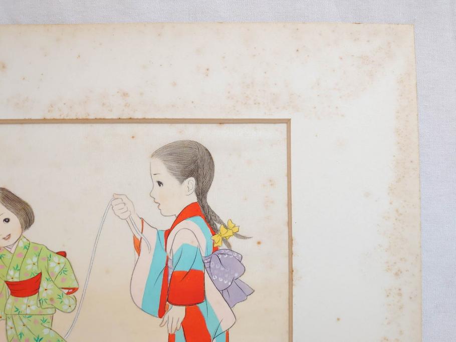 真作　蔦谷喜一　「縄とび」　1983年制作　サイン入り　絵画(人物画、ぬりえ、塗り絵、縄跳び、子供、子ども、額装)(R-076210)