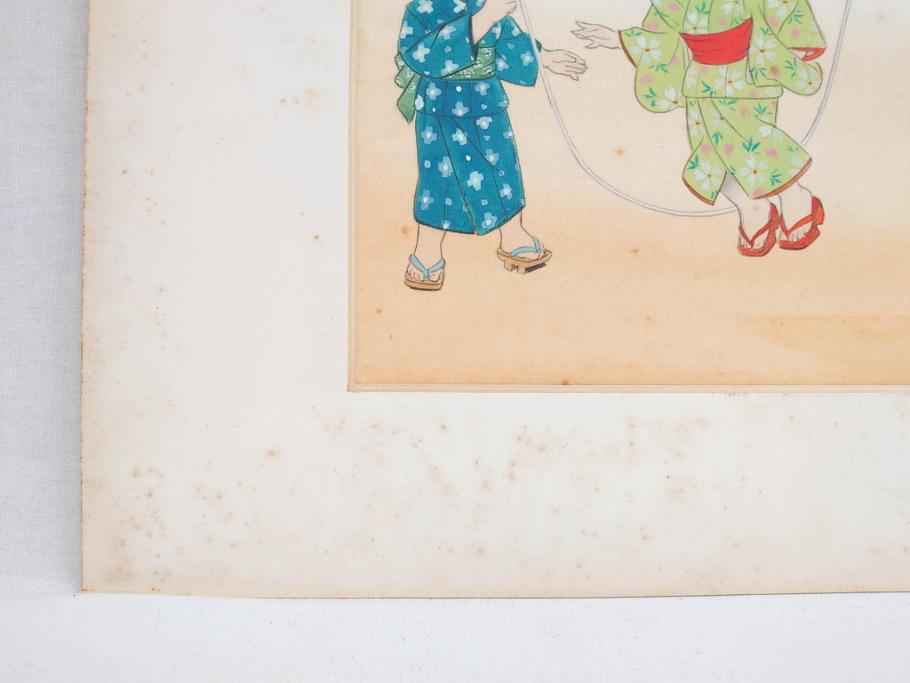 真作　蔦谷喜一　「縄とび」　1983年制作　サイン入り　絵画(人物画、ぬりえ、塗り絵、縄跳び、子供、子ども、額装)(R-076210)