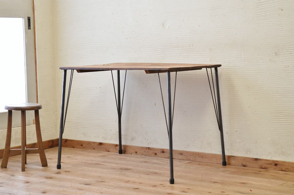 アンティーク家具　☆天板無垢材鉄脚テーブル(作業台)3