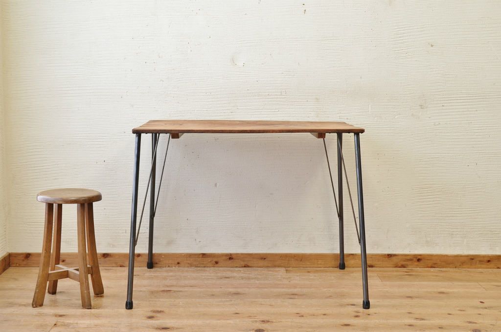 アンティーク家具　☆天板無垢材鉄脚テーブル(作業台)3
