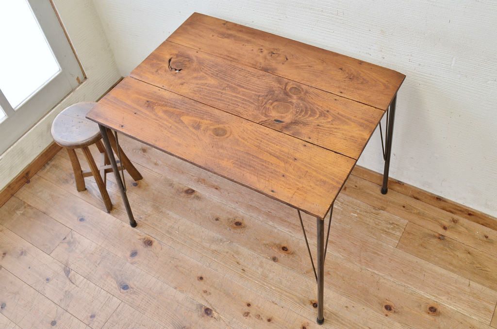 アンティーク家具　☆天板無垢材鉄脚テーブル(作業台)3
