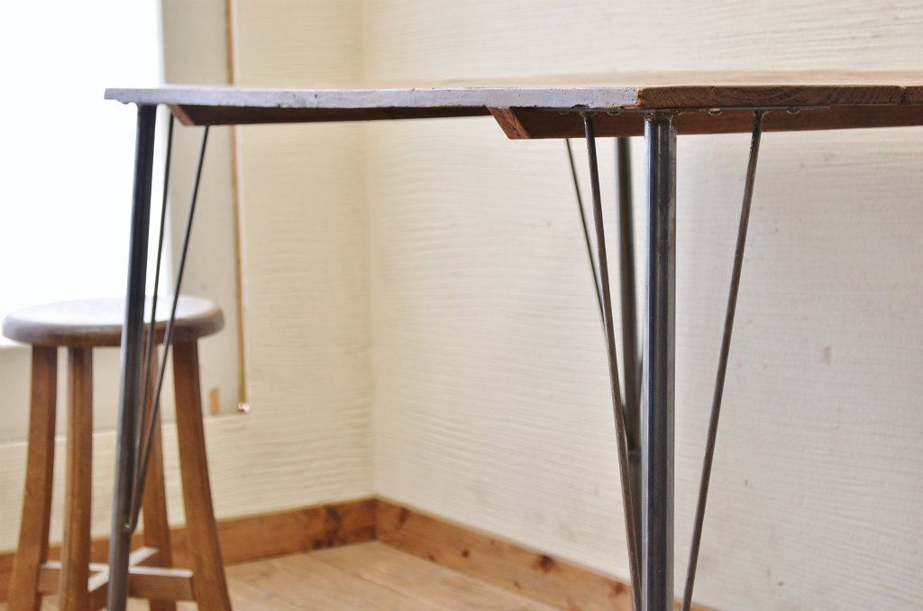 アンティーク家具　☆天板無垢材鉄脚テーブル(作業台)3