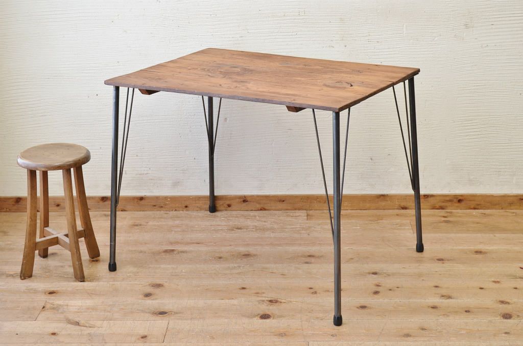 アンティーク家具　☆天板無垢材鉄脚テーブル(作業台)3