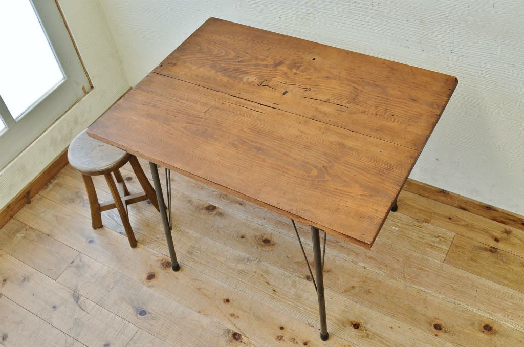 アンティーク家具　☆天板無垢材鉄脚テーブル(作業台)5