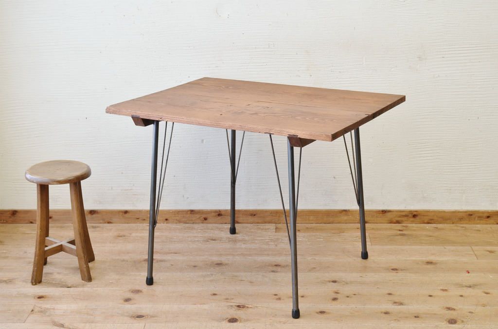 アンティーク家具　☆天板無垢材鉄脚テーブル(作業台)5