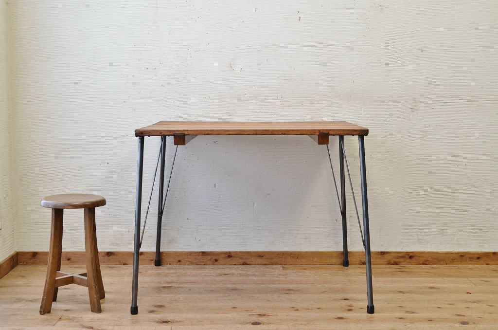 アンティーク家具　☆天板無垢材鉄脚テーブル(作業台)6