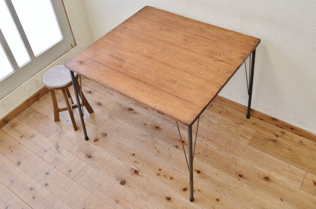 アンティーク家具　☆天板無垢材鉄脚テーブル(作業台)6