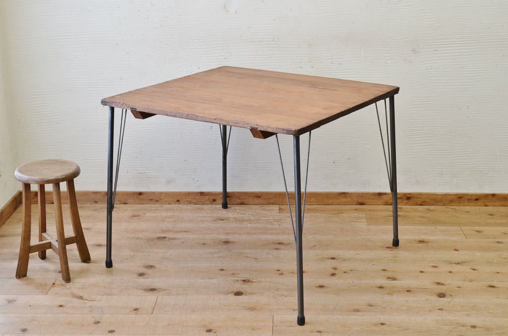 アンティーク家具　☆天板無垢材鉄脚テーブル(作業台)6